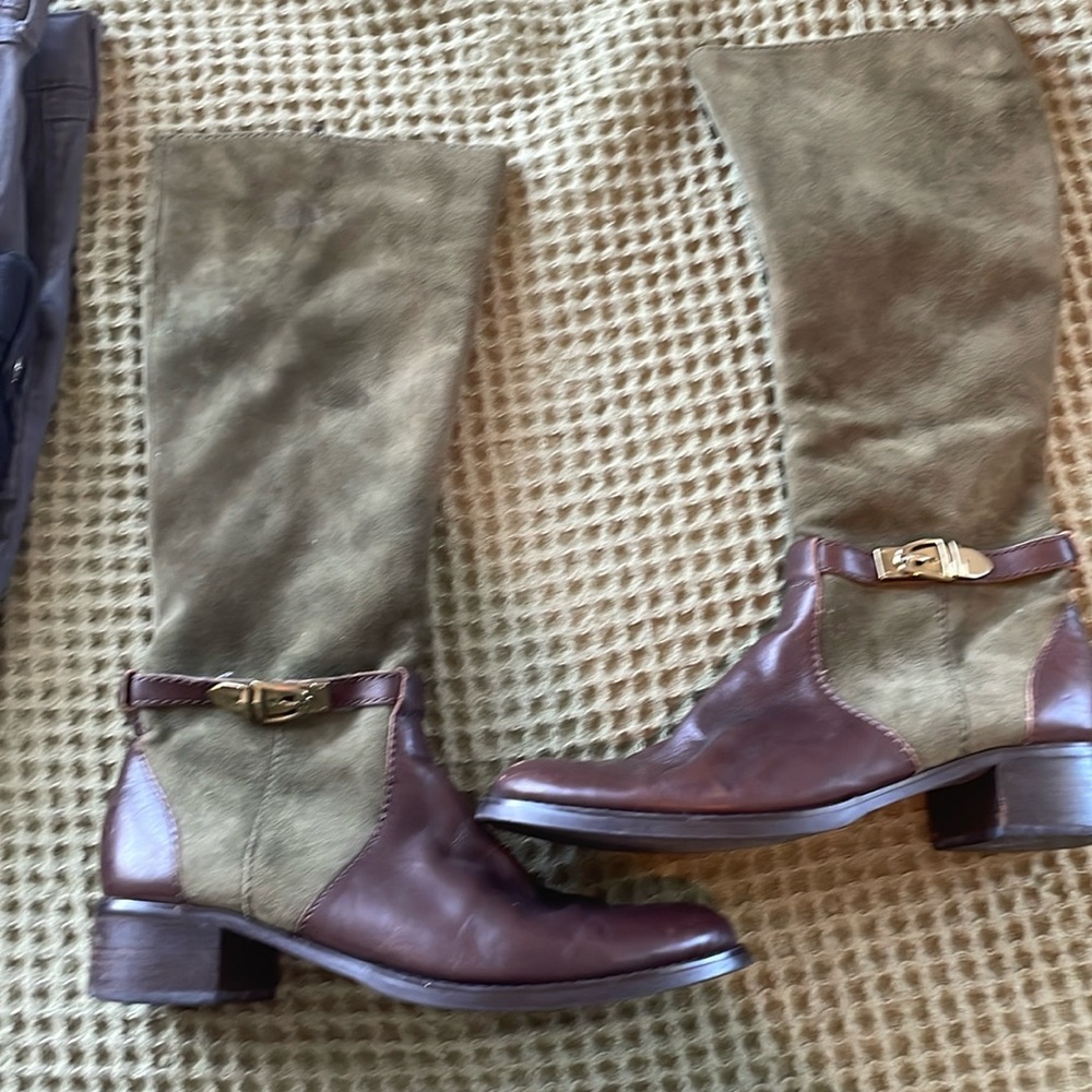 Etienne Aigner suede olive green and brown leather boots